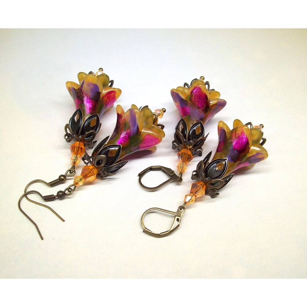 Vintage Style Flower Dangle Earrings, Multicolor, Bronze, Hand Painted,